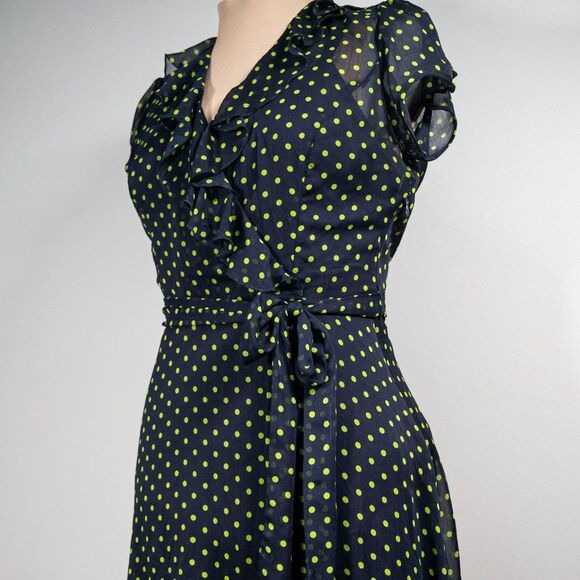 MSK Navy Blue and Green Polka Dot Faux Wrap Midi Belted Dress - Picture 4 of 6